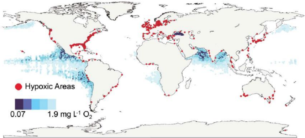 Figure V Ocean minimum zones (blue) and areas with coastal hypoxia (red) in the world's ocean