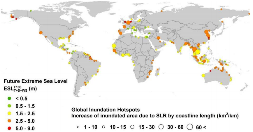 Figure X Global hotspot regions of changes in episodic coastal flooding in 2100 under Representative Concentration Pathway 8.5 (difference between projected episodic flooding in 2100 minus present- day episodic flooding)