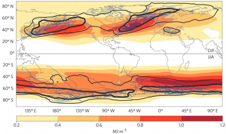 Figure VI
Wintertime extratropical storm eddy kinetic energy and track density
