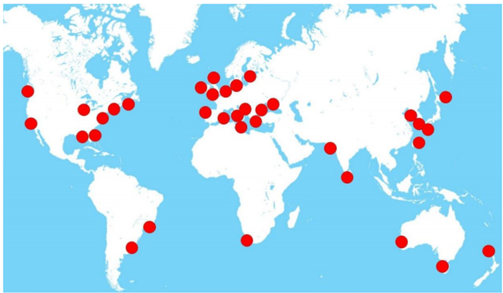 Locations of meteotsunami occurrences