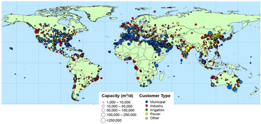 Figure V Global distribution of operational desalination facilities and capacities (>1000 m3 per day) by sectors user of produced water