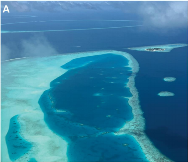 Figure I Vattaru Atoll, Maldives (A) and improved antecedent karst theory for modern atoll origin (B)