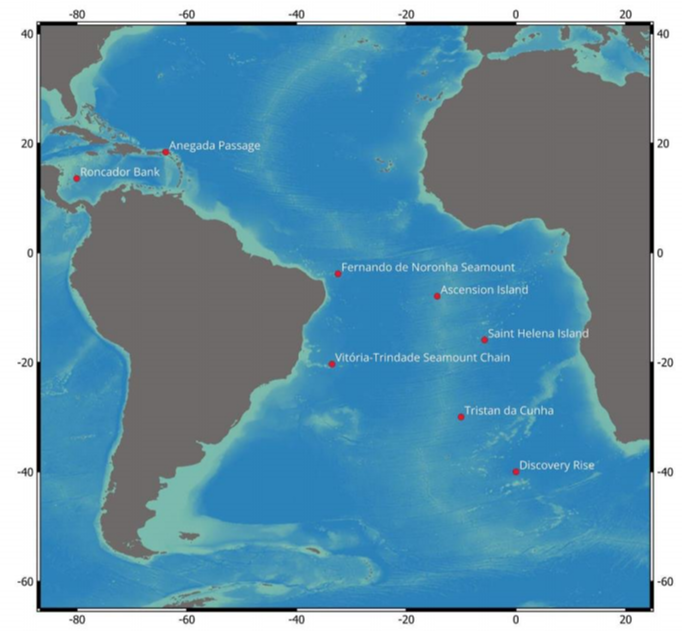 Figure IV Location of South Atlantic seamounts, islands and other features