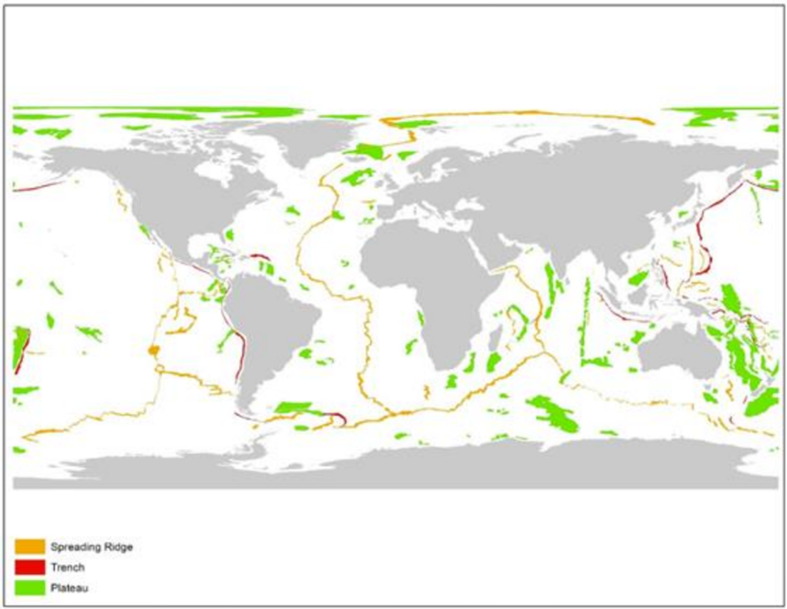 Figure I World map, hadal trenches in red; mid ocean spreading ridges in orange and plateaus in green