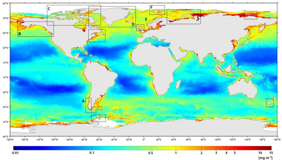 Map showing the global distribution of fjord systems overlaid with map showing chlorophyll-a concentrations. Fjord systems of the world, with particular emphasis on recent studies in Patagonia (A), Pacific North America (B), Canadian Arctic Archipelago (C), Greenland margins (D), mainland Norway (E) and Svalbard (F).