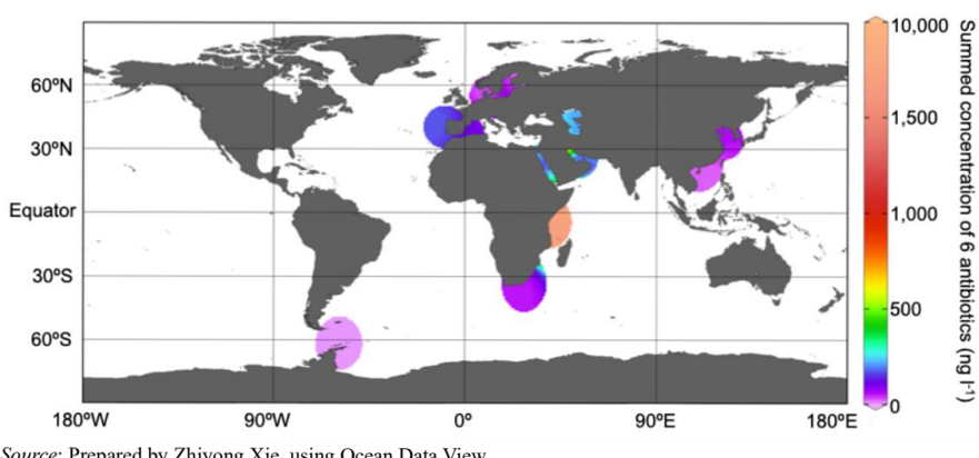 Figure XI
Geographical distribution of selected antibiotics in the world's oceans