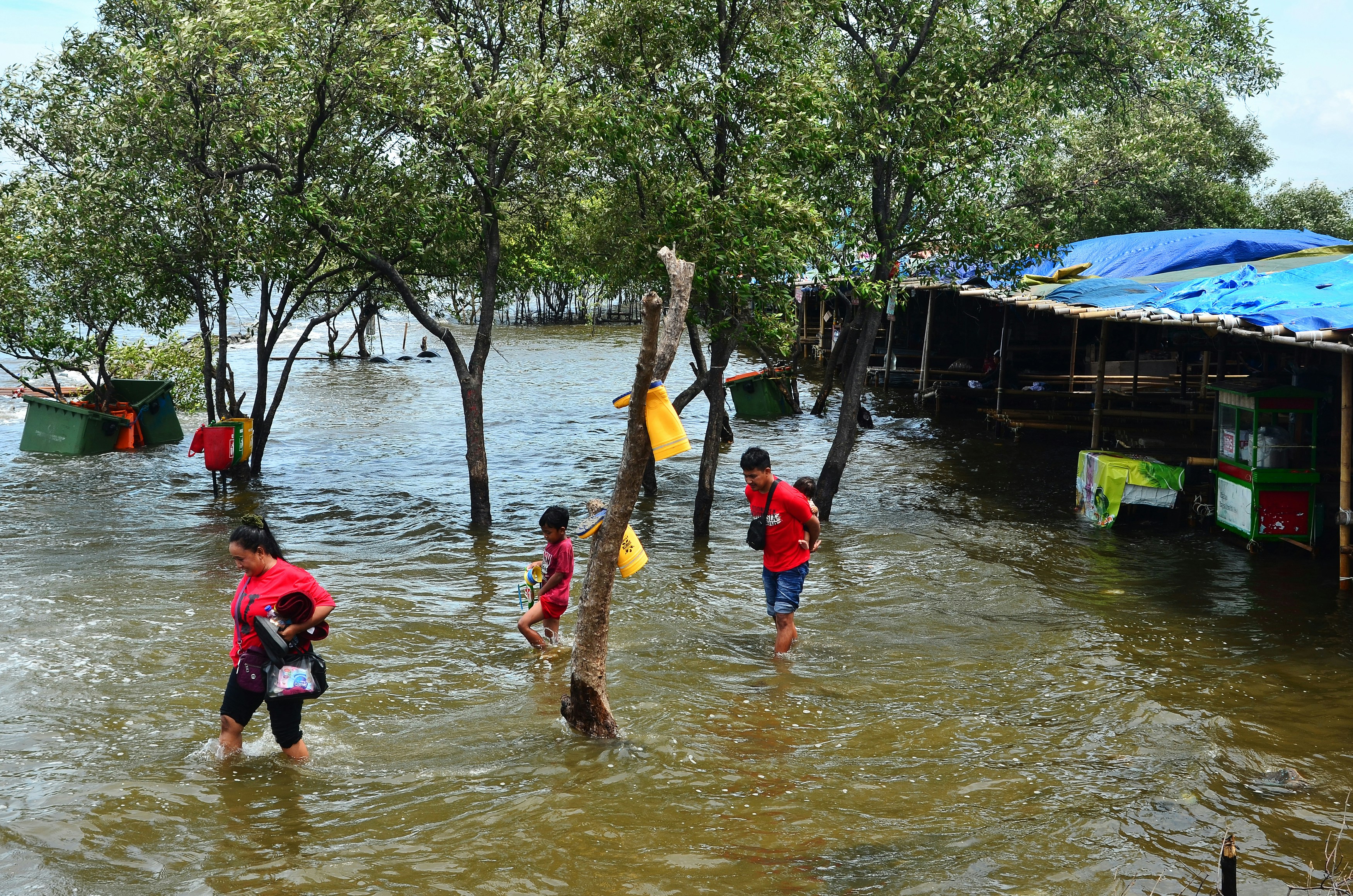 People wade through floodwaters near coastal homes and trees inundated by rising water in a shoreline community.